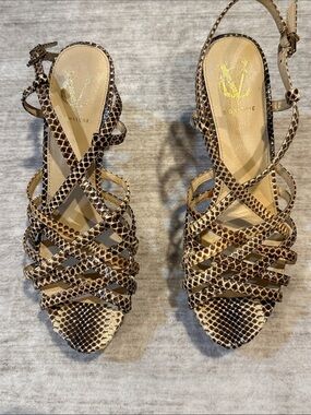 Women’s 7.5 Snake-Print Strappy Heels in Brown and Tan with platform